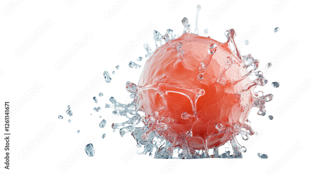 Poster red sphere splashing with water droplets on transparent background