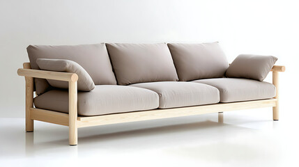 Fototapeta premium A wooden couch with three cushions and a white background. generated using AI
