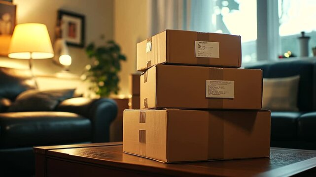 In the corner of a stylish living room, stacks of cardboard boxes with handwritten labels and sticky notes stand ready for unpacking.