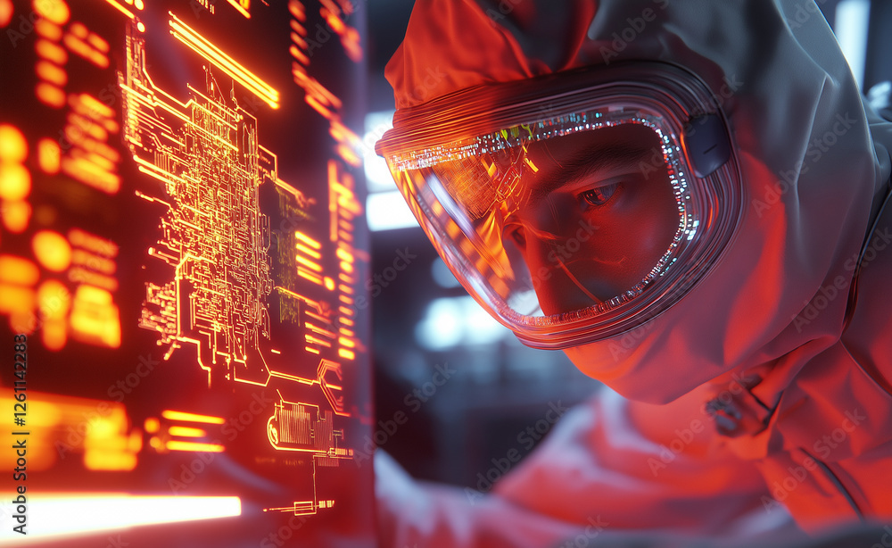 Poster a scientist in protective gear working in a high-tech laboratory, analyzing data on a glowing screen