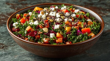 Roasted Vegetable and Kale Salad with Feta and Seeds