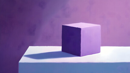 A purple cube on a white table