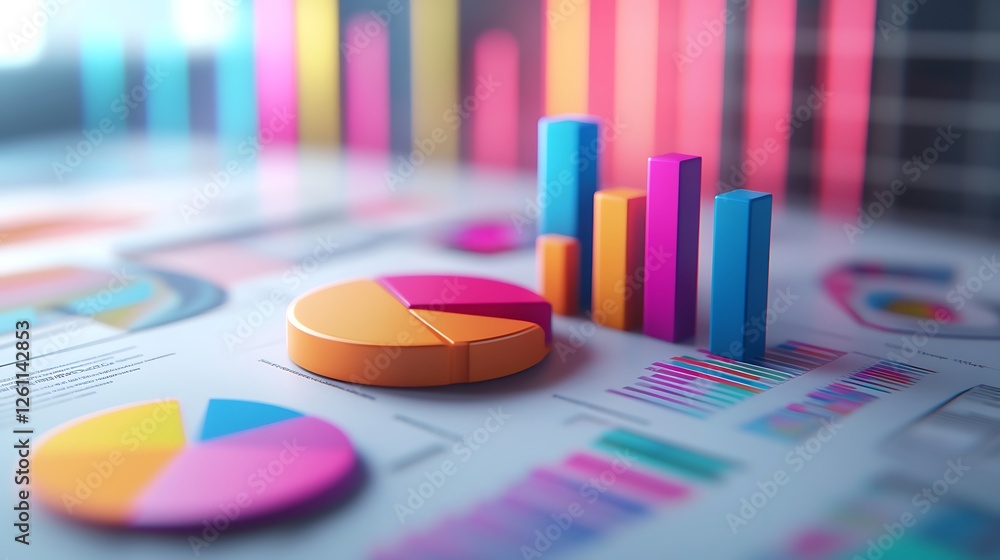 Poster colorful 3d bar and pie charts on a paper with graphs in a modern office setting, a colorful bar gra