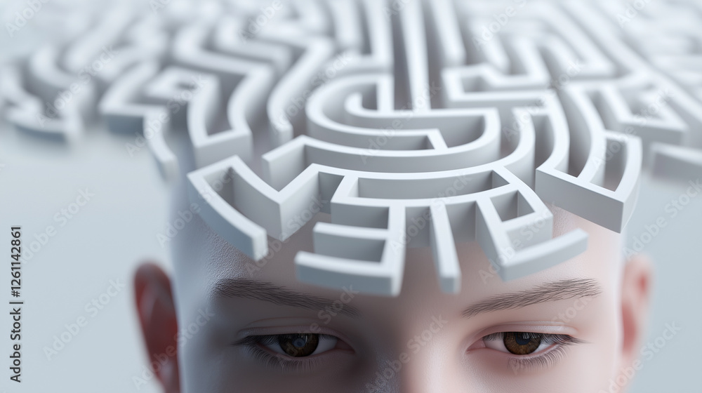 Poster a conceptual 3d illustration of a human head with a maze-like brain structure, symbolizing intellige