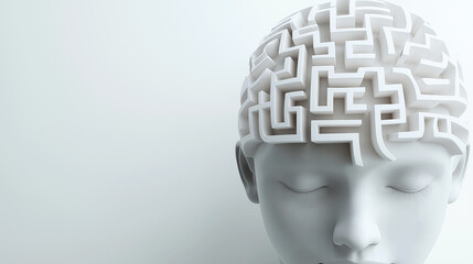 A conceptual 3D illustration of a human head with a maze-like brain structure, symbolizing intelligence and problem-solving.