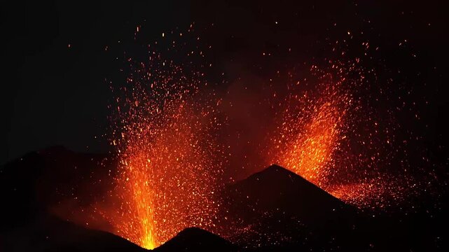 Dual-crater strombolian eruptions on Pico do Fogo volcano, Fogo, Cape Verde.