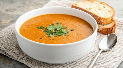 Cozy bowl of gluten-free lentil soup with fresh herbs and warm bread on textured tablecloth.baby complementary foods, baby food, diet for gastritis