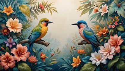 Fototapeta premium Birds flores painting design generative ai