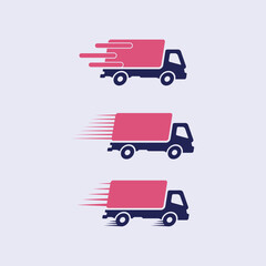 Free delivery service logo badge, free freight delivery truck icon, quick time delivery order, fast truck flat cartoon simple graphic.