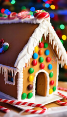 Extreme close up of a gingerbread house, decorated with candy canes, gumdrops, and icing, sitting on a table with festive lights glowing in the background.