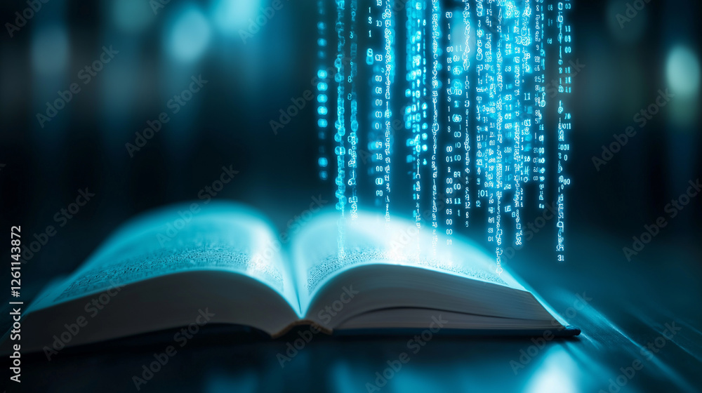 Poster an open book emitting glowing digital data streams, symbolizing knowledge and futuristic learning.