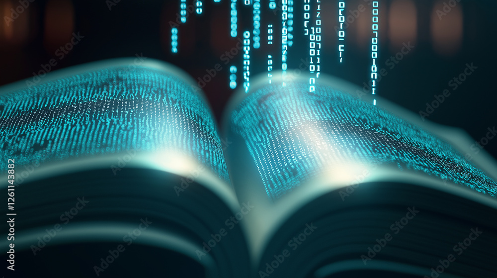 Poster an open book emitting glowing digital data streams, symbolizing knowledge and futuristic learning.