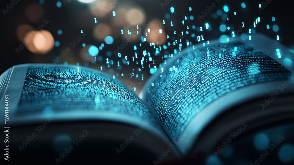 Poster an open book emitting glowing digital data streams, symbolizing knowledge and futuristic learning.
