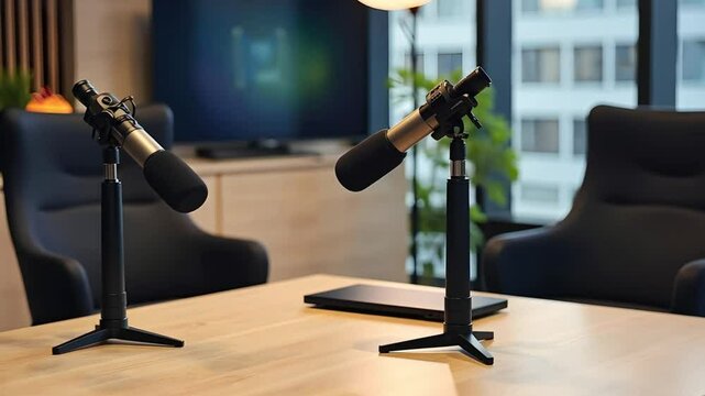 Podcast studio setup with microphones, table, and chairs in a modern office