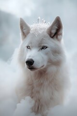 Fototapeta premium A majestic white wolf stands confidently amidst swirling mystical mist. Adorned with floating crystal shards, it exudes an ethereal presence under soft-focus lighting, creating a surreal ambiance