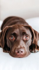 Chocolate Lab relaxing indoors on bed