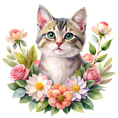 watercolor cute cat with flowers on the white background