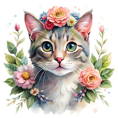 watercolor cute cat with flowers on the white background