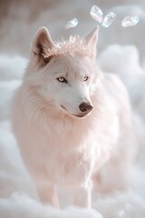 Fototapeta premium A majestic white wolf roams amidst an enchanting, glowing mist, crowned by levitating crystal shards. Soft-focused lighting enhances its ethereal presence in a dreamlike world