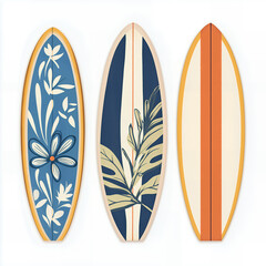 Three surfboards with intricate floral and striped designs in blue, orange, and cream tones on a neutral background.