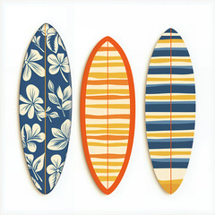 A set of three surfboards featuring floral and striped patterns in blue, orange, and yellow on a white backdrop.
