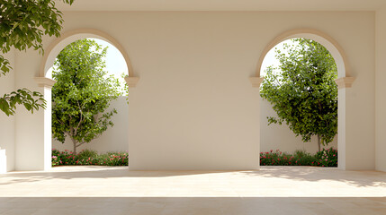 Minimalist architectural design featuring arched openings framing lush greenery. Light and shadows enhance the serene and inviting atmosphere of the courtyard.