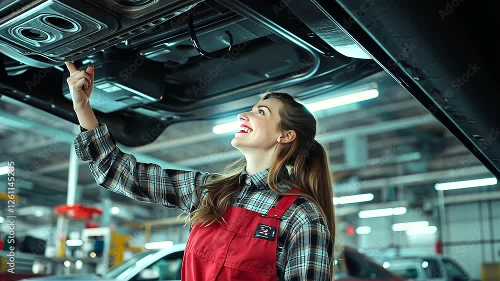 Poster a dynamic shot of a female mechanic gesturing towards the underside of a lifted car, smiling and exp