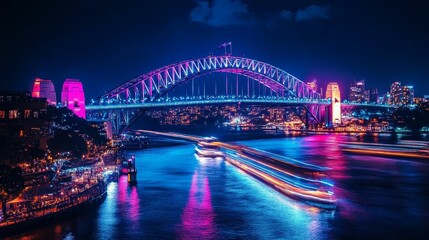 Obraz premium Vibrant night cityscape illuminated bridge boats.