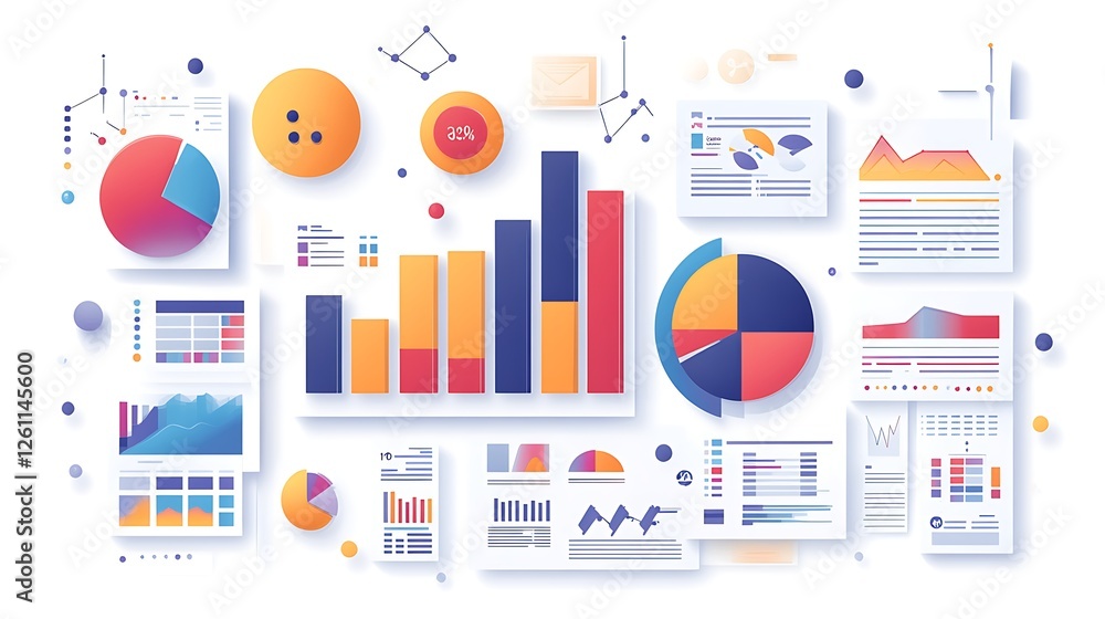 Poster colorful 3d bar and pie charts on a paper with graphs in a modern office setting, a colorful bar gra