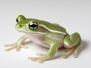 Green Tree Frog on White Background

