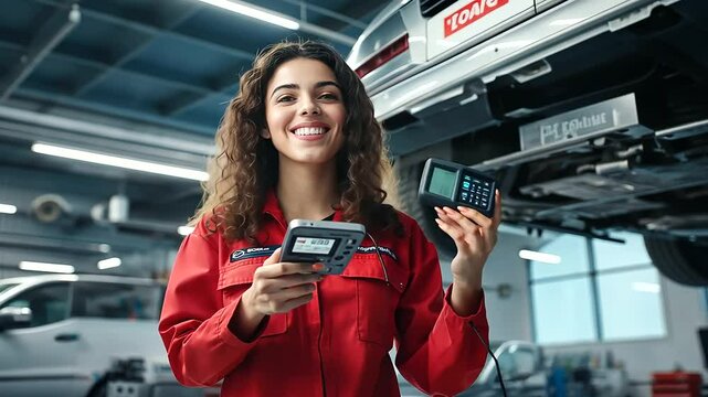 A smiling female mechanic in a modern auto repair shop, holding a diagnostic device and pointing towards a lifted vehicle, with a workshop bench behind her
