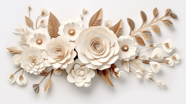 Fond de fleur en papier, origami. Fond de couleur blanc, avec fleurs blanches. Motifs floral pour d&eacute;coration, cr&eacute;ation graphique et conception