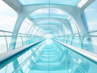 Futuristic walkway, blue glass, skylight, bright, serene.