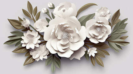 Fond de fleur en papier, origami. Fond de couleur blanc, avec fleurs blanches. Motifs floral pour décoration, création graphique et conception