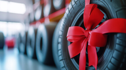 A brand-new car tire wrapped with a red ribbon, displayed in an automotive shop.