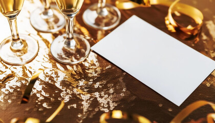 Fototapeta premium Extreme close up of a New Year's Eve mock-up: A blank invitation card on a shiny golden table with sparkling confetti and small champagne flutes around it.