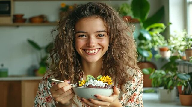 A bohemian-style kitchen with plants in the background, a joyful young woman eating a smoothie bowl topped with tropical fruits, sunflower seeds, and shredded coconut