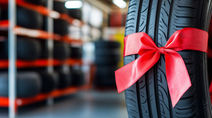 A brand-new car tire wrapped with a red ribbon, displayed in an automotive shop.