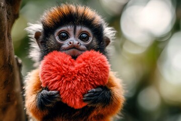 Fototapeta premium Marketing animal conceptual art. Cute tamarin baby with fluffy red heart on in a natural habitat. Tamarin - my cherished animal. Animals expressing love. Nature's love message. Wild love.