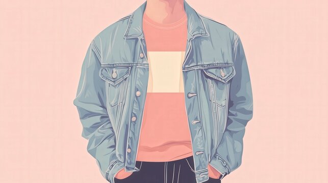 Casual outfit with denim jacket and pink shirt in a studio