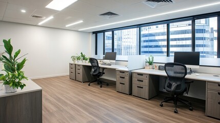 Modern Office Workspace with Two Desks and City Views
