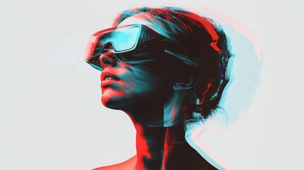 Visionary Woman Immersed in Virtual Reality with Glitch Art Effect