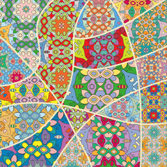 Vector patchwork quilt pattern. Vintage decorative collage. Hand drawn background. Indian, Arabic, Turkish motifs for printing on fabric or paper. Abstract colorful doodle pattern in mosaic style