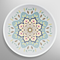 Decorative plate with round ornament in ethnic style. Mandala circular abstract geometric floral pattern. Fashion background with ornate dish. Interior home decor, vector illustration