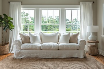 Fototapeta premium Coastal living room design minimalist interior high fidelity linen sofa bright and airy environment natural light viewpoint