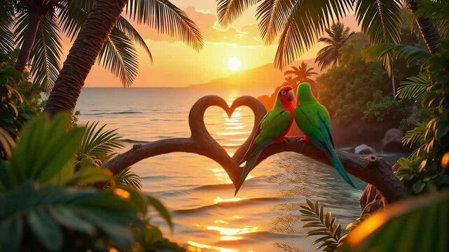 Vibrant parrots at sunset with heartshaped frame by tropical beach