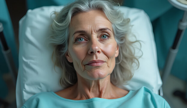 Mujer adulta mayor acostada en una camilla m&eacute;dica, prepar&aacute;ndose para una cirug&iacute;a est&eacute;tica. Expresi&oacute;n serena, lista para cirug&iacute;a pl&aacute;stica o tratamiento de rejuvenecimiento. Belleza, est&eacute;tica.