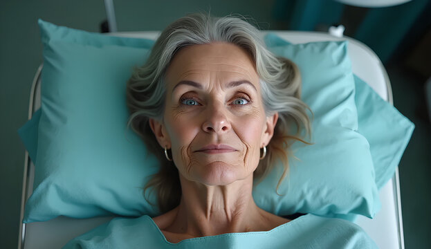 Mujer adulta mayor acostada en una camilla m&eacute;dica, prepar&aacute;ndose para una cirug&iacute;a est&eacute;tica. Expresi&oacute;n serena, lista para cirug&iacute;a pl&aacute;stica o tratamiento de rejuvenecimiento. Belleza, est&eacute;tica.