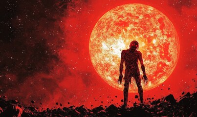 Obraz premium Crimson moon, undead figure, desolate landscape, eerie horror.