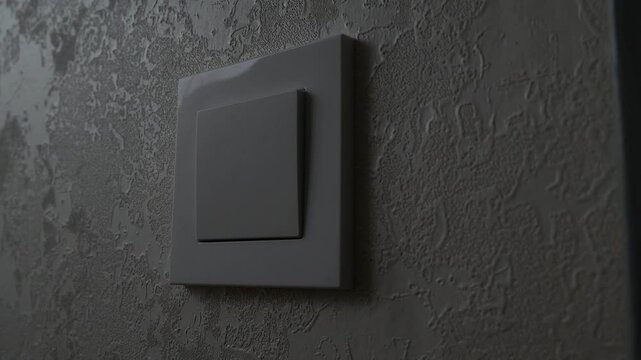 A white light switch on a white wall. The man's hand turns off the light, leaving the room. Energy saving, energy industry